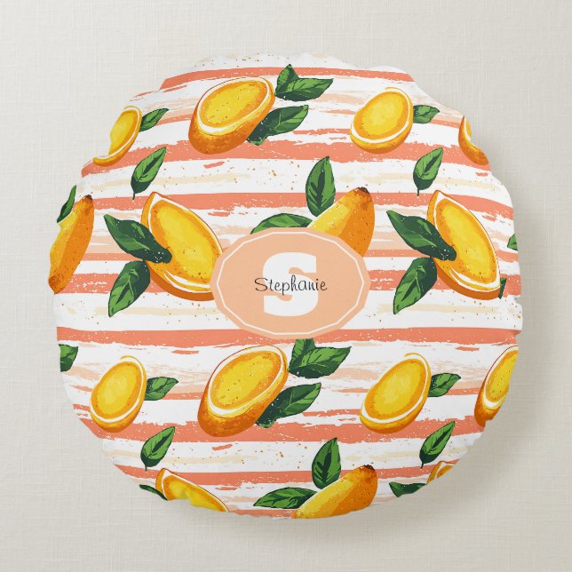 Mango Fruit Pattern with Green Leaves Round Pillow (Front)