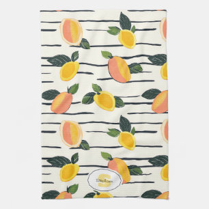 Mango Fruit Print Coral Yellow on Striped Ivory Kitchen Towel
