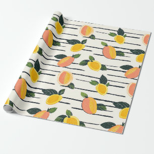 Mango Fruit Print Coral Yellow on Striped Ivory Wrapping Paper