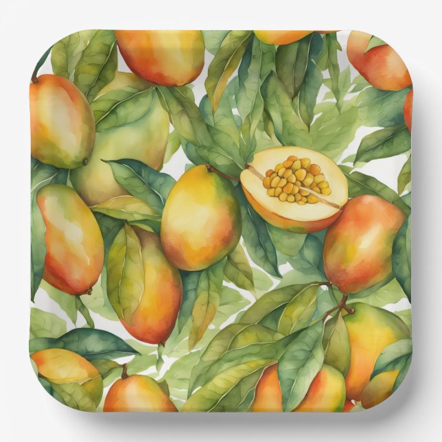 Mango Fruits and Leaves  Paper Plates (Front)