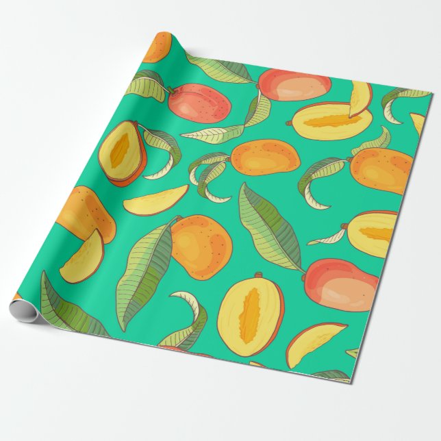 Mango. Seamless pattern with yellow and red tropic Wrapping Paper (Unrolled)