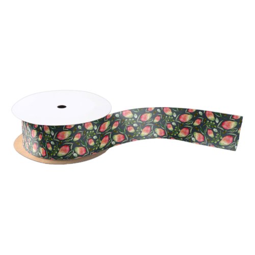 Mango Watercolor  Dark Green  Pattern Satin Ribbon