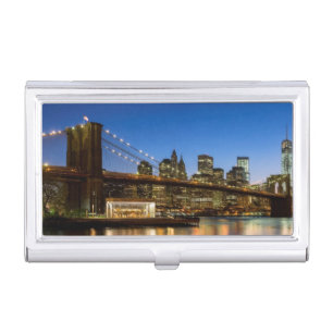 Manhattan and Brooklyn Bridge at dusk Business Card Holder