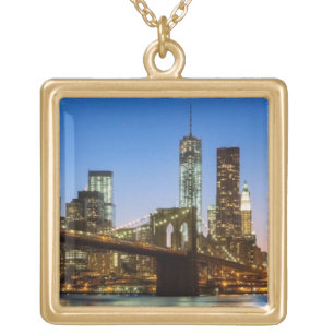 Manhattan and Brooklyn Bridge at dusk Gold Plated Necklace