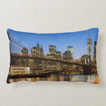 Manhattan And Brooklyn Bridge At Dusk Lumbar Pillow by iconicnewyork at Zazzle