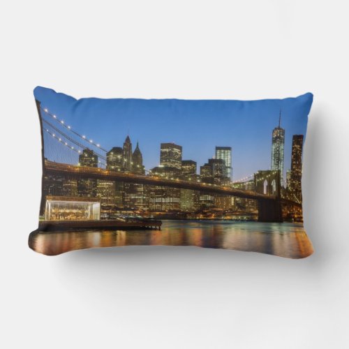 Manhattan and Brooklyn Bridge at dusk Lumbar Pillow