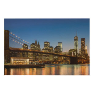 Manhattan and Brooklyn Bridge at dusk Wood Wall Art