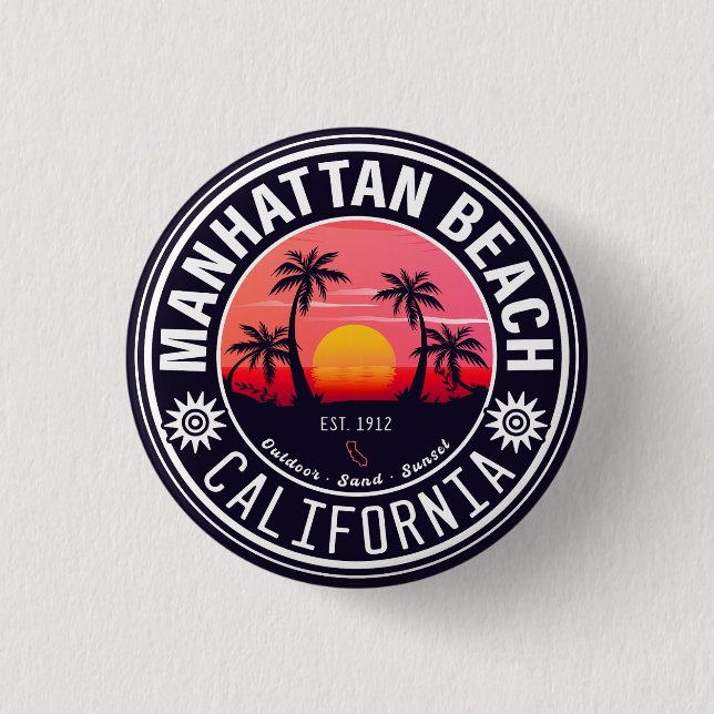 Manhattan Beach Ca Retro Sunset Palm Trees 60s Button (Front)