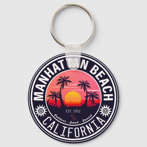 Manhattan Beach Ca Retro Sunset Palm Trees 60s Keychain
