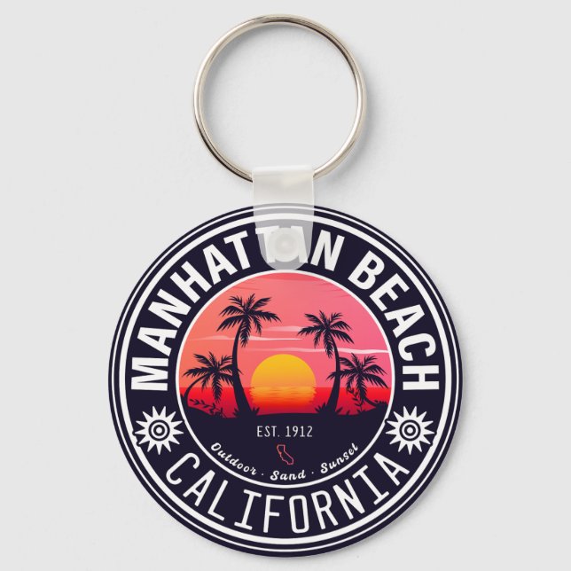 Manhattan Beach Ca Retro Sunset Palm Trees 60s Keychain (Front)
