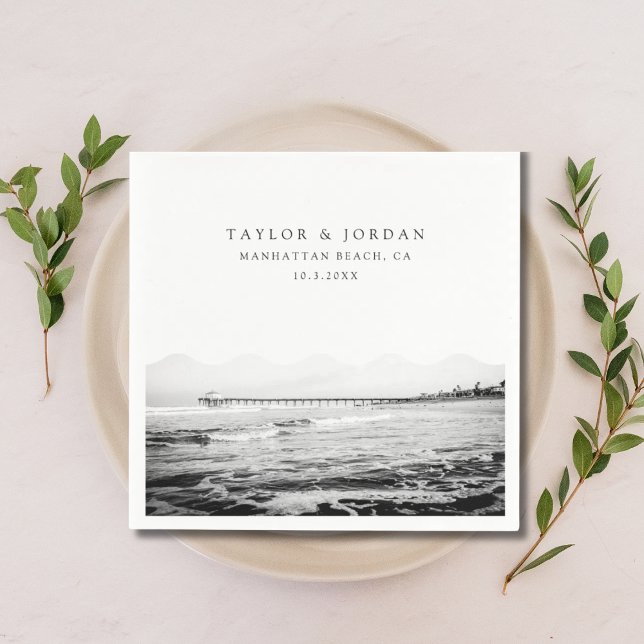 Manhattan Beach Wedding Custom Cocktail Napkin (Manhattan Beach Wedding Custom Cocktail Napkin Black and white)