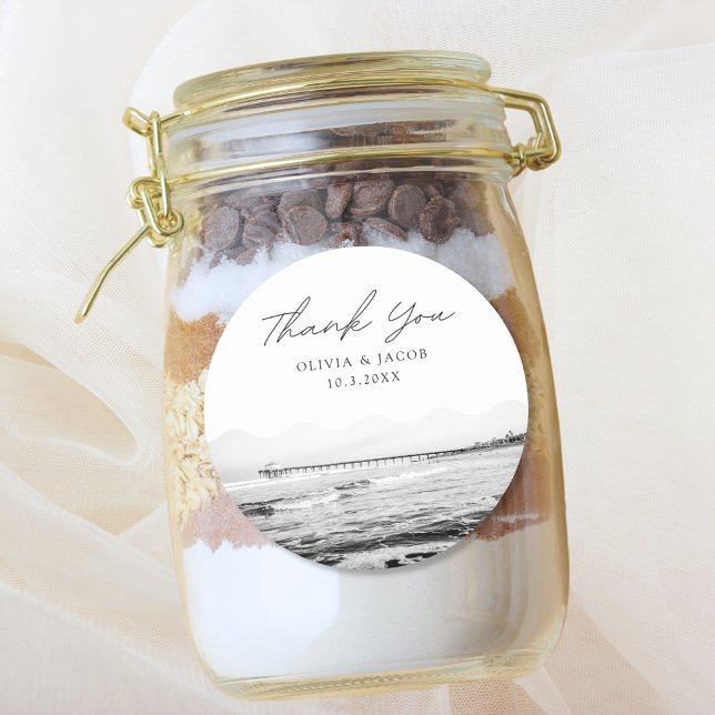 Manhattan Beach Wedding Favor Photo Thank You Classic Round Sticker (Manhattan Beach Wedding Favor Sticker)