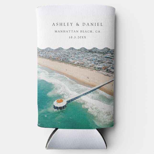 Manhattan Beach Wedding Favor Seltzer Can Cooler (Front)