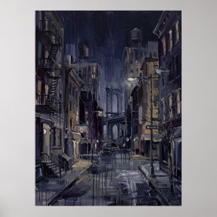 Manhattan Bridge At Night With Wet Street Poster