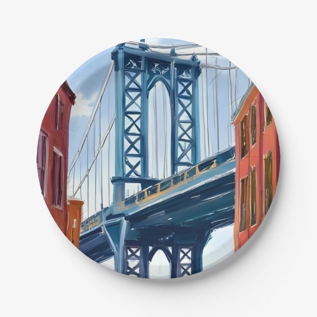 Manhattan Bridge New York City Painting Paper Plates (Front)