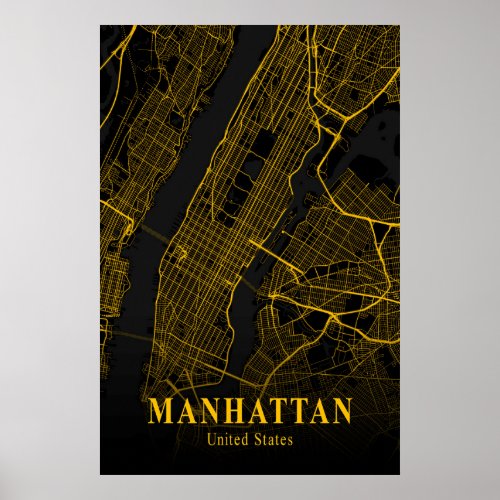Manhattan City Map Gold NYC Urban Street Map USA Poster