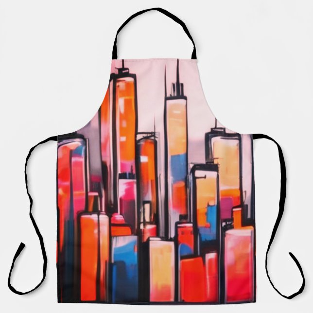 Manhattan city night oil paint Canva apron  (Front)