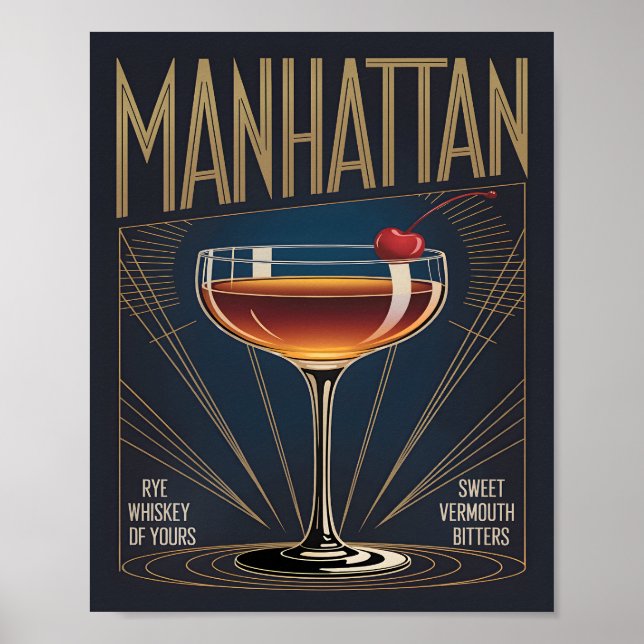Manhattan Cocktail Art Deco Navy Blue Bar Poster (Front)