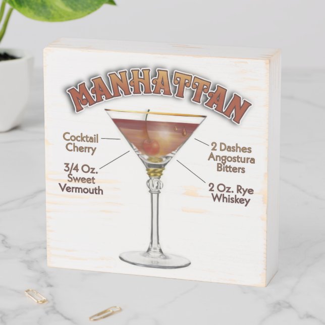 Manhattan Cocktail Recipe Art 6"x6"  Wooden Box Sign (In Situ Horizontal)