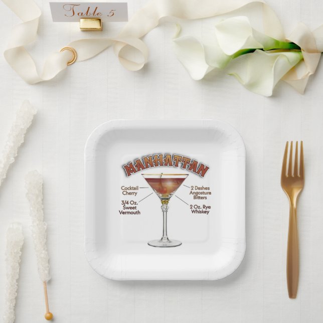 Manhattan Cocktail Recipe Art Paper Plates (Wedding)