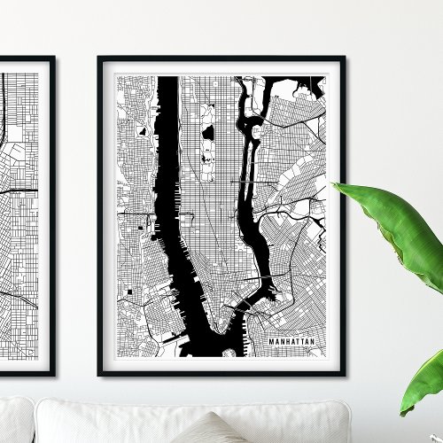 Manhattan Map Black and White Modern Street Map Poster