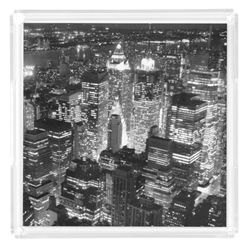 Manhattan New York City Night Black  White Acrylic Tray