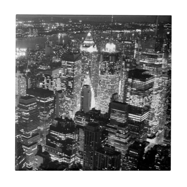 Manhattan New York City Night Black & White Ceramic Tile (Front)