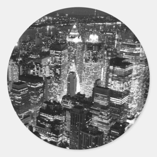 Manhattan New York City Night Black  White Classic Round Sticker