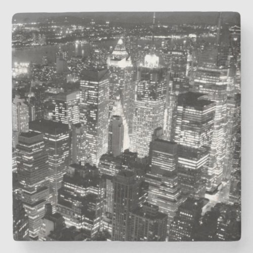Manhattan New York City Night Black  White Stone Coaster