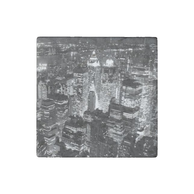 Manhattan New York City Night Black & White Stone Magnet (Front)