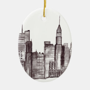 Manhattan New York city watercolor modern black Ceramic Ornament