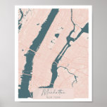 Manhattan New York Pink and Blue Cute Script Stree Poster<br><div class="desc">Manhattan New York Pink and Blue Cute Script Street Map</div>