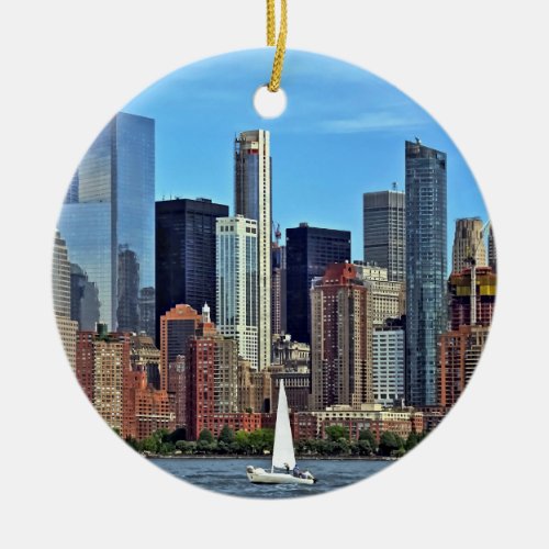 Manhattan NY  Sailboat By Manhattan Skyline Ceramic Ornament