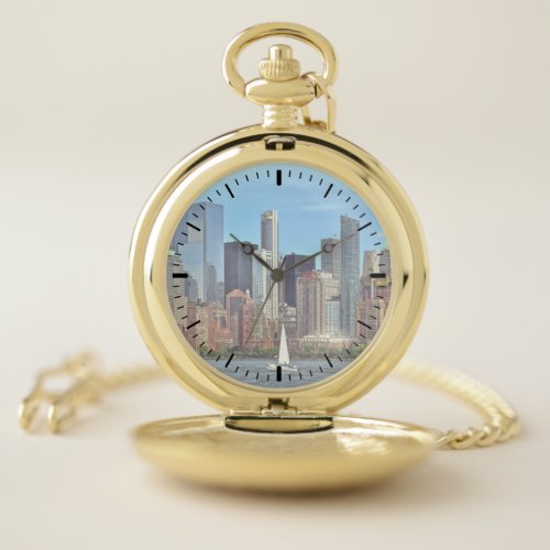 Manhattan NY  Sailboat By Manhattan Skyline Pocket Watch