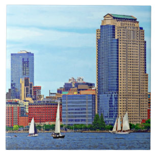 Manhattan NY - Three Boats By Manhattan Skyline Ceramic Tile