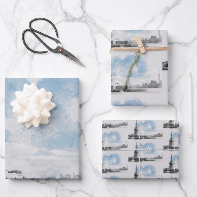 Manhattan NYC & Statue of Liberty Black and White  Wrapping Paper Sheets (Front)