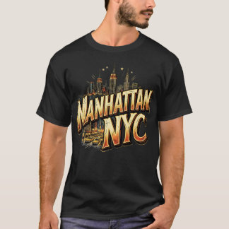 Manhattan NYC Vintage Comic Book Skyline Art T-Shirt