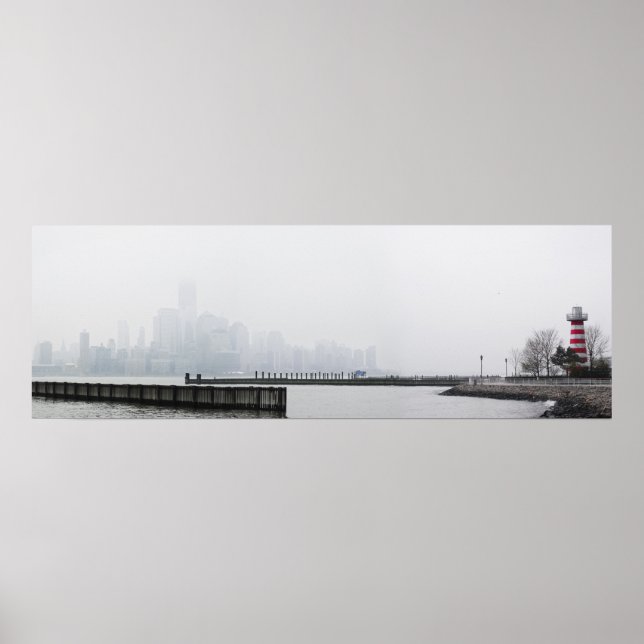 Manhattan Skyline in Fog with Lighthouse Poster (Front)