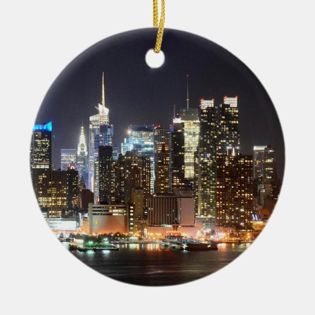 Manhattan Skyline New York at night Ceramic Ornament (Front)