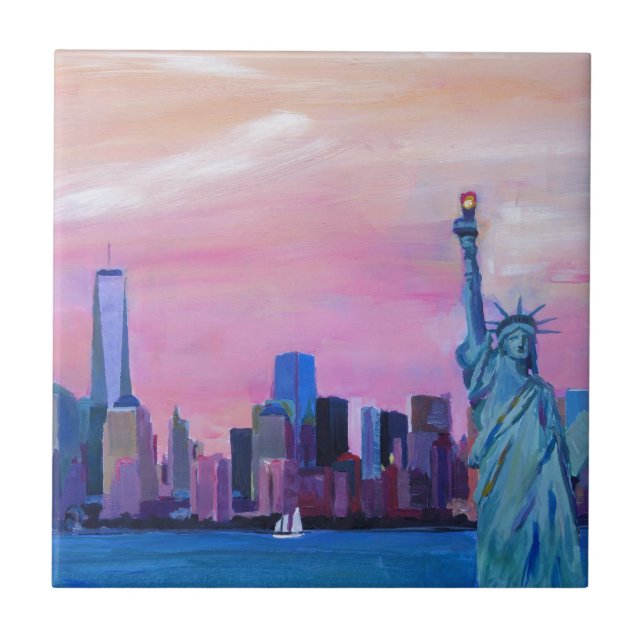 Manhattan Skyline with Statue of Liberty Ceramic Tile (Front)