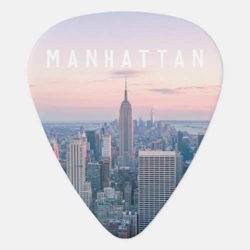 Manhattan Text Pink Blue Skyline Sunset New York Guitar Pick