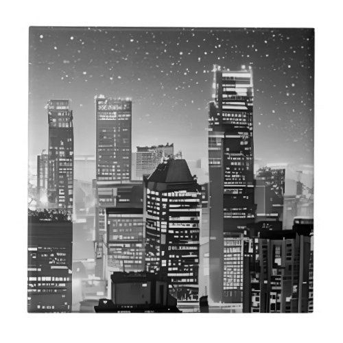 Manhattan Under the Stars in Black and White Ceram Ceramic Tile