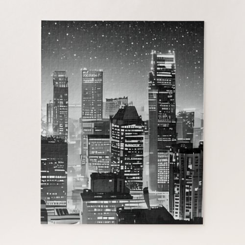 Manhattan Under the Stars in Black and White Jigsaw Puzzle