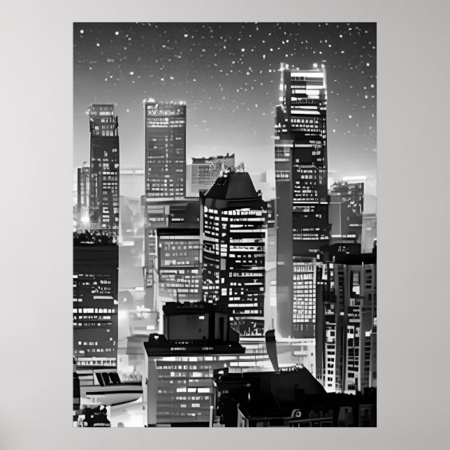 Manhattan Under the Stars in Black and White Poster (Front)