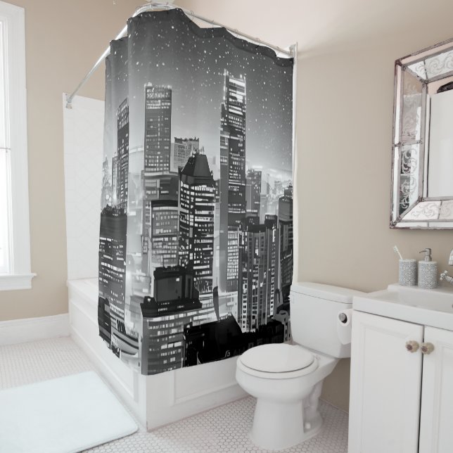 Manhattan Under the Stars in Black and White Shower Curtain (In Situ)