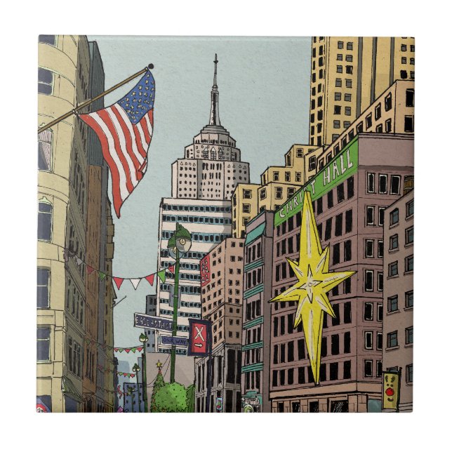 Manhattan Winter New York Christmas Illustration Ceramic Tile (Front)