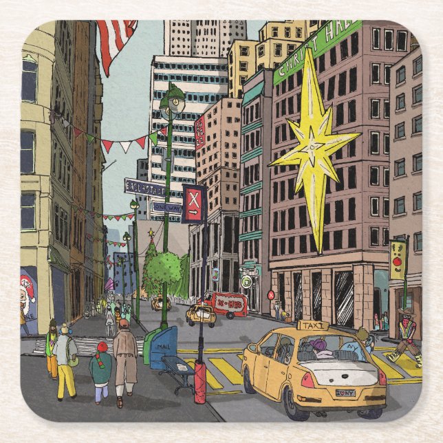 Manhattan Winter New York Christmas Illustration Square Paper Coaster (Front)