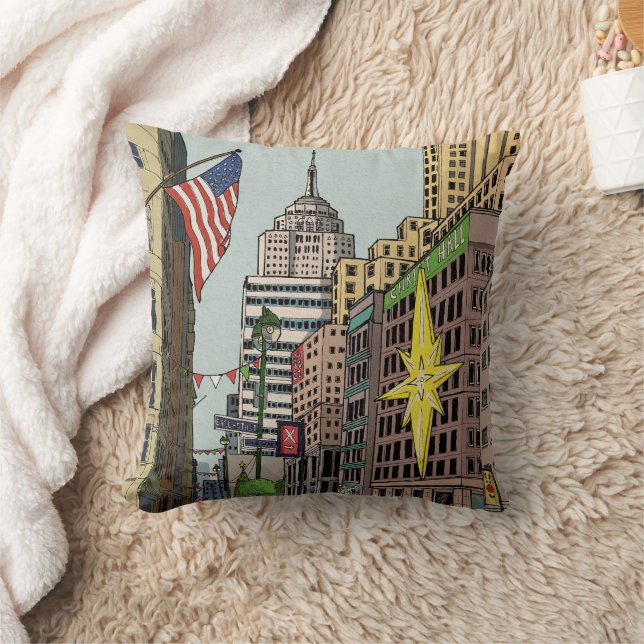 Manhattan Winter New York Christmas Illustration Throw Pillow (Blanket)