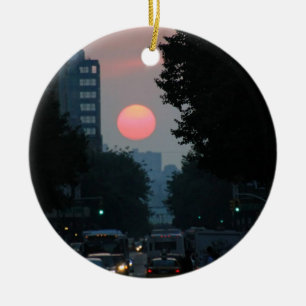 Manhattanhenge: setting pinkish orange sun ceramic ornament