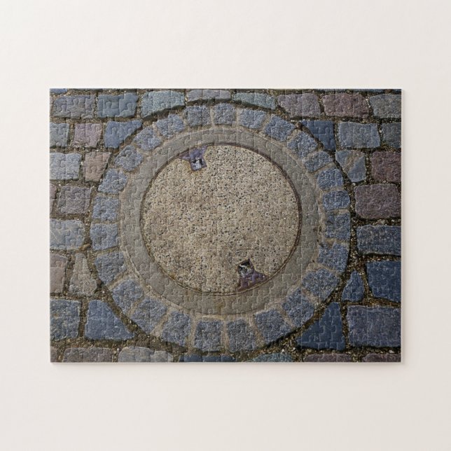 Manhole cover and cobblestone road jigsaw puzzle (Horizontal)